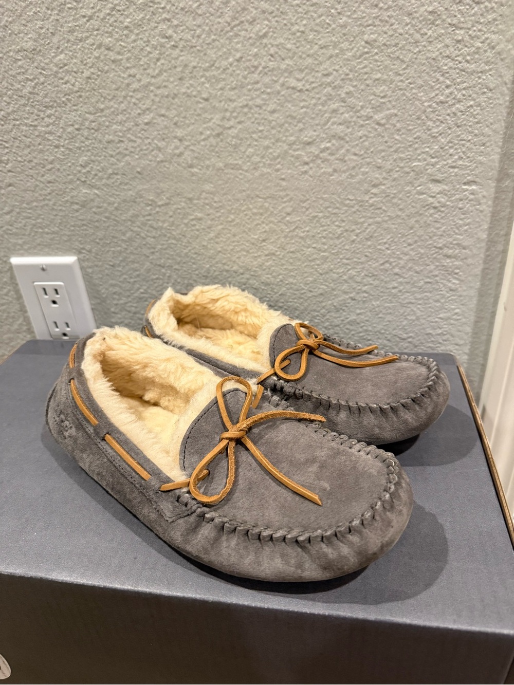 Ugg Grey Suede Slippers with Cream Faux Fur